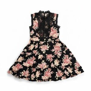 Black Floral Lace-Trim Sleeveless Kids Dress - Pink Rose Print